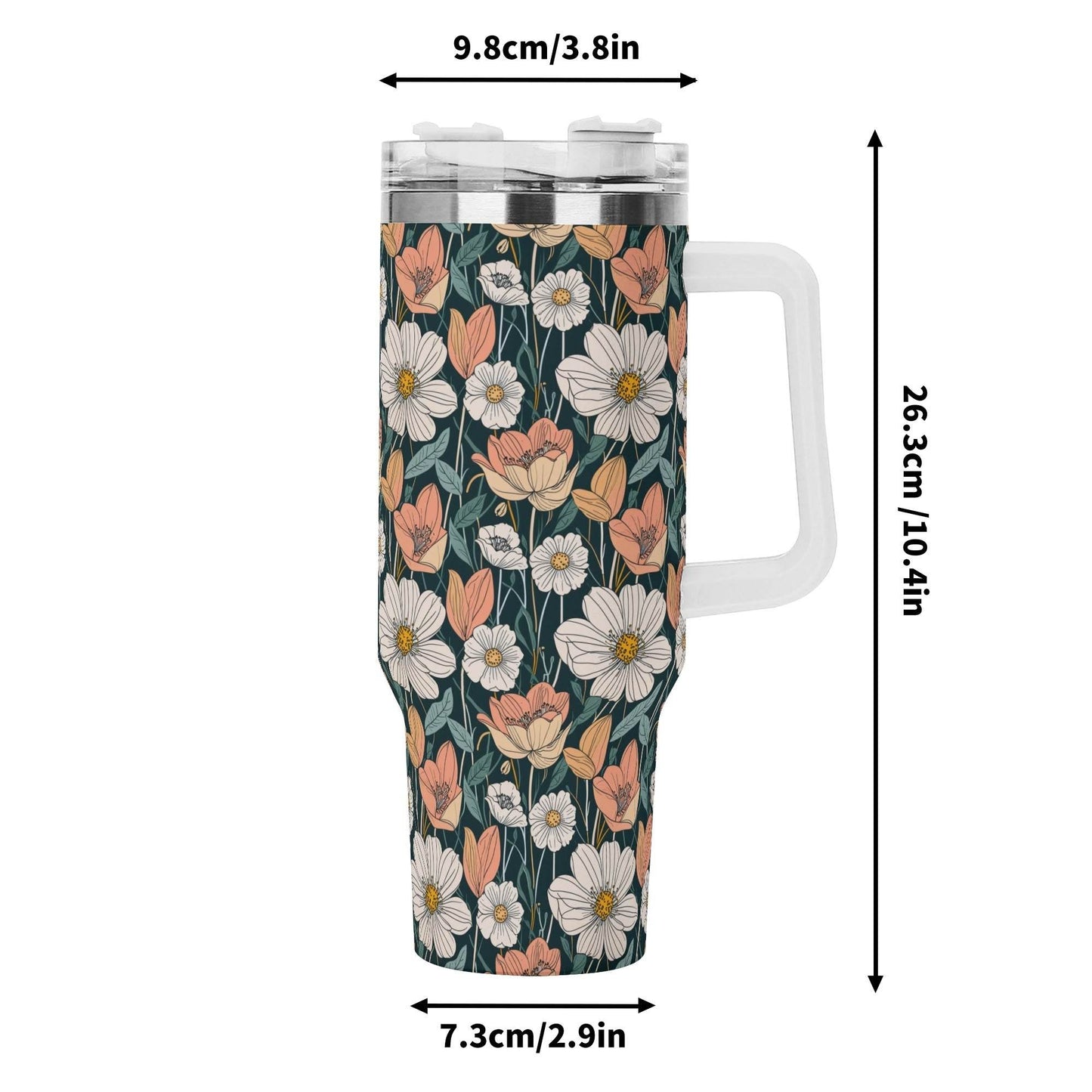 Tulips and Daisys 40oz Stainless Steel Tumbler Gift With White Handle and Straw - DeRose Seasonal