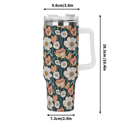 Tulips and Daisys 40oz Stainless Steel Tumbler Gift With White Handle and Straw - DeRose Seasonal