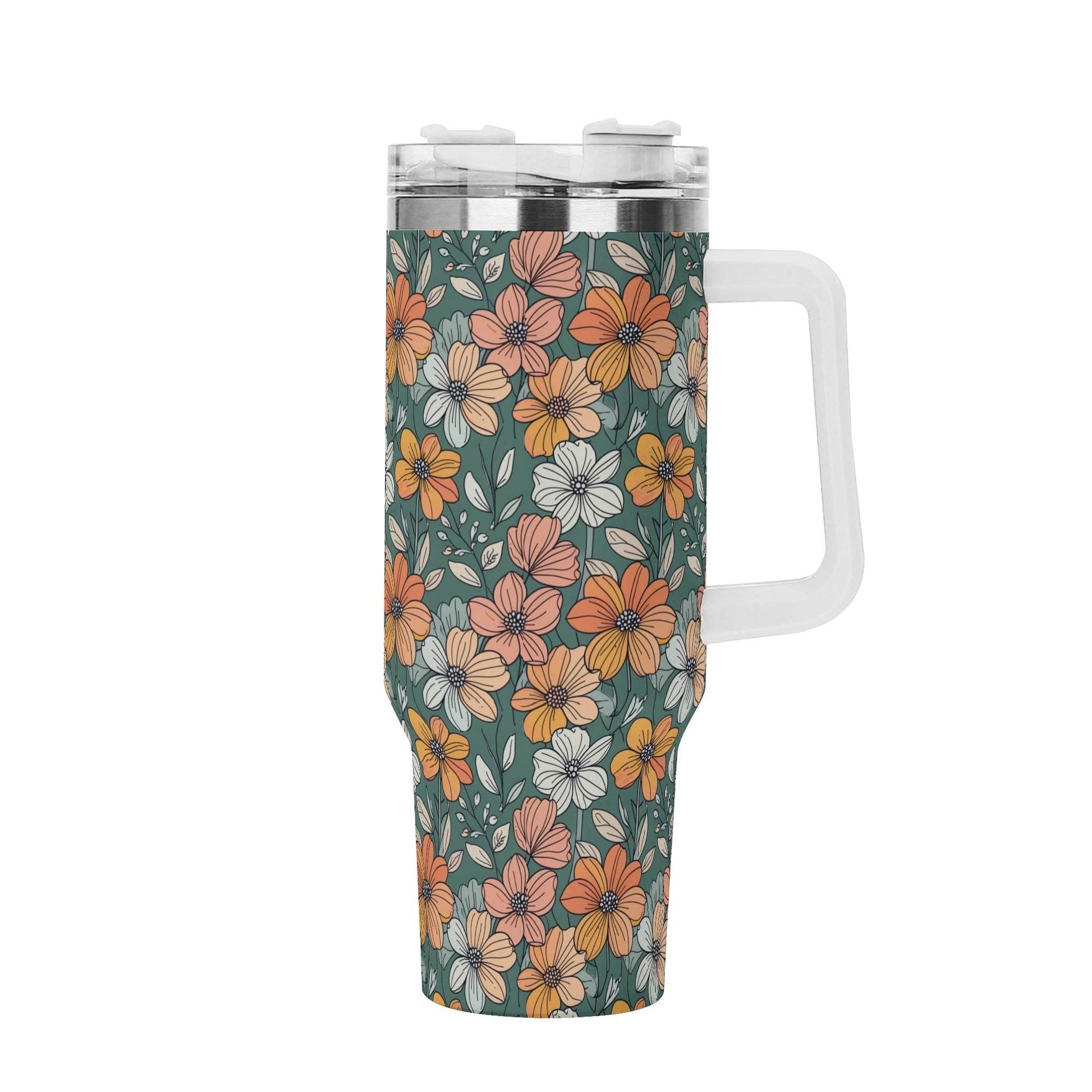 Pastel Flowers 40oz Stainless Steel Tumbler Gift With White Handle and Straw - DeRose Seasonal