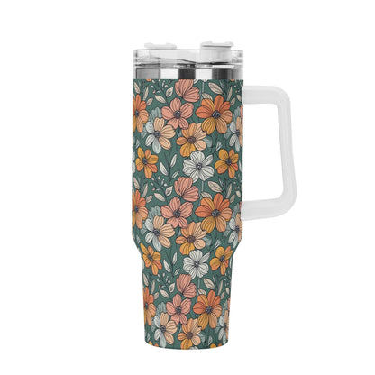 Pastel Flowers 40oz Stainless Steel Tumbler Gift With White Handle and Straw - DeRose Seasonal