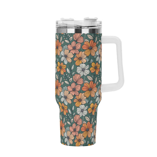 Pastel Flowers 40oz Stainless Steel Tumbler Gift With White Handle and Straw - DeRose Seasonal