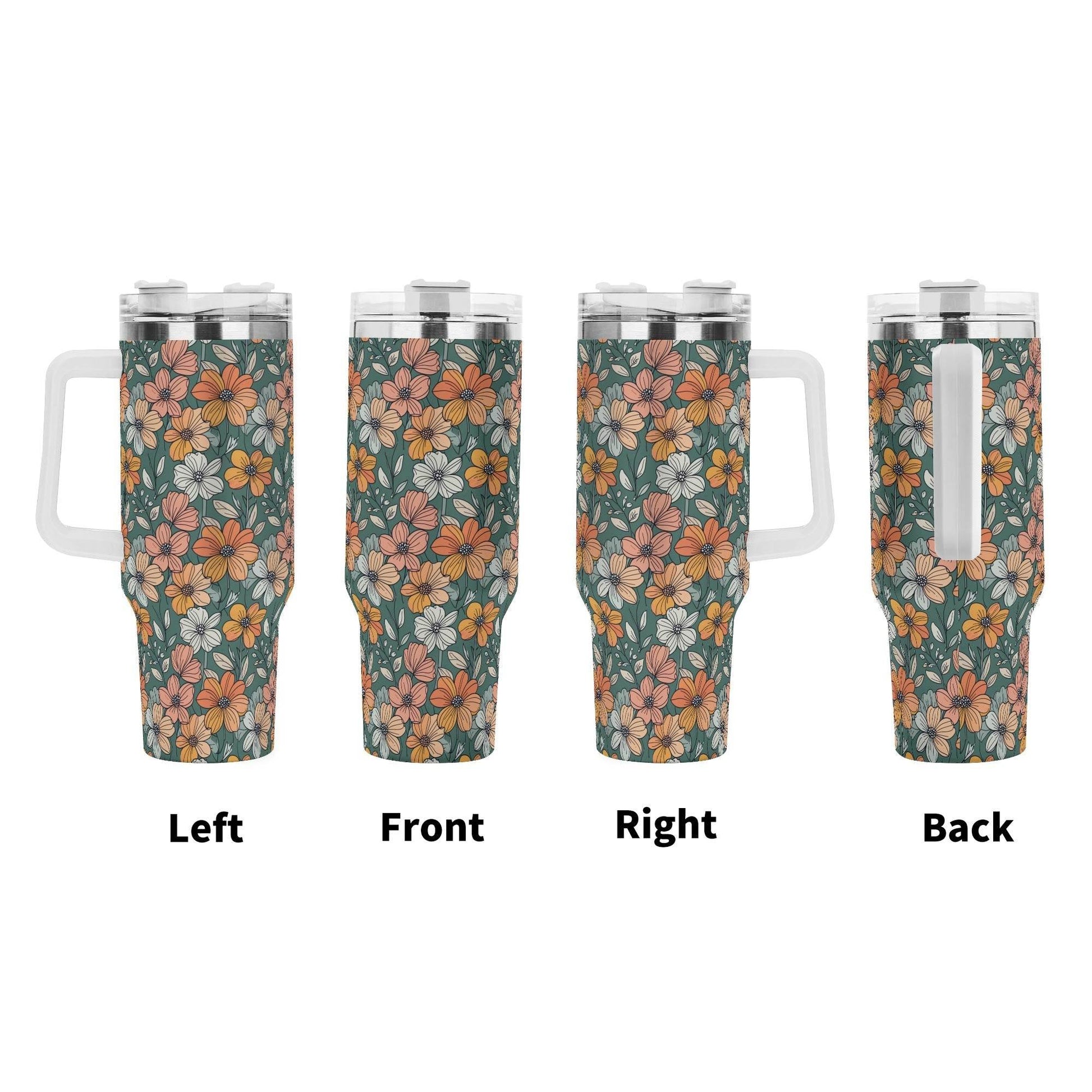 Pastel Flowers 40oz Stainless Steel Tumbler Gift With White Handle and Straw - DeRose Seasonal