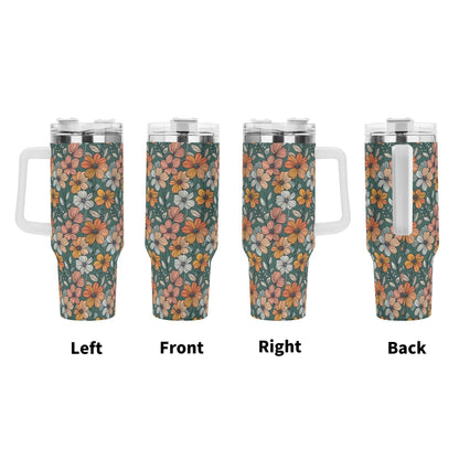 Pastel Flowers 40oz Stainless Steel Tumbler Gift With White Handle and Straw - DeRose Seasonal