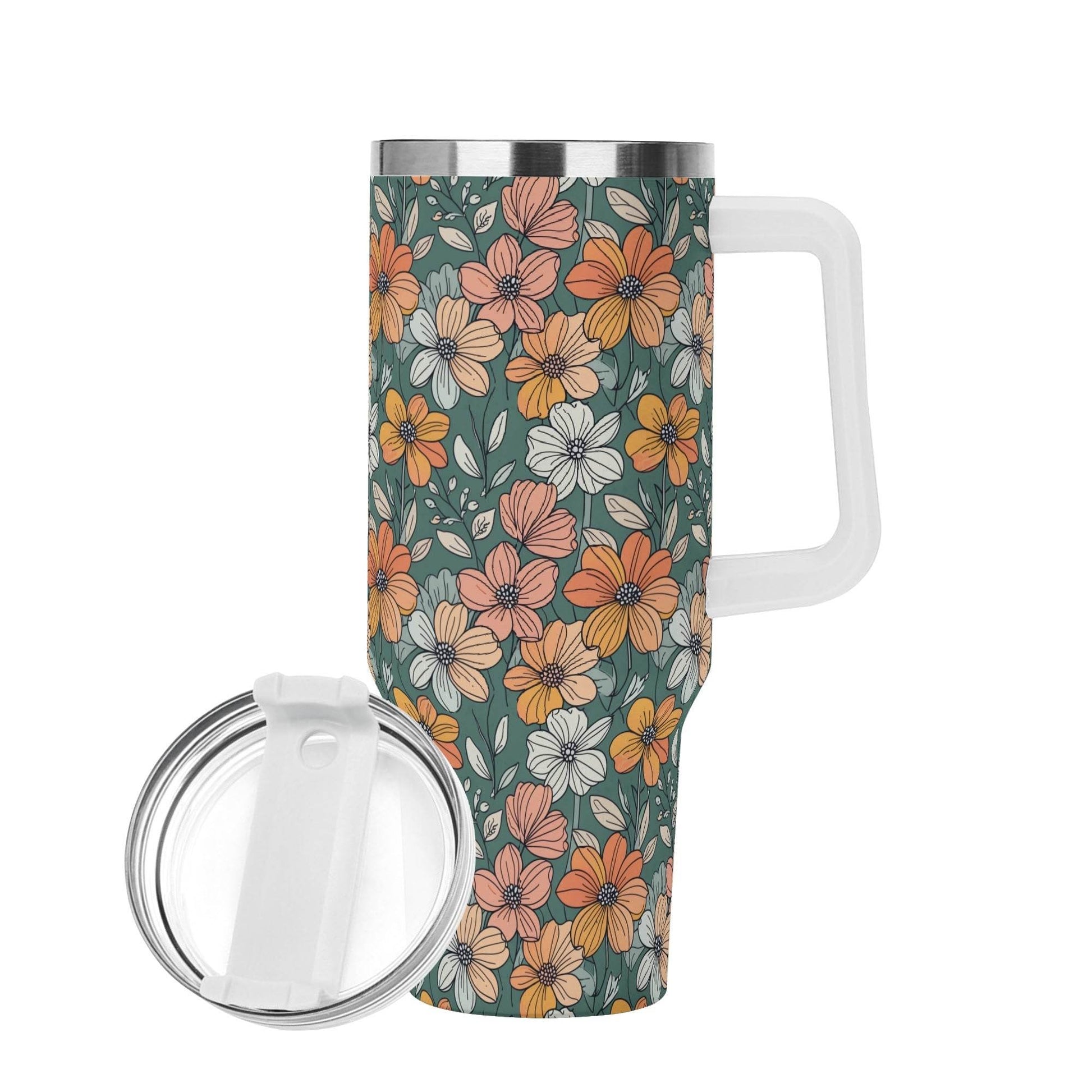 Pastel Flowers 40oz Stainless Steel Tumbler Gift With White Handle and Straw - DeRose Seasonal
