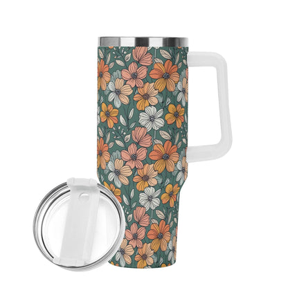 Pastel Flowers 40oz Stainless Steel Tumbler Gift With White Handle and Straw - DeRose Seasonal