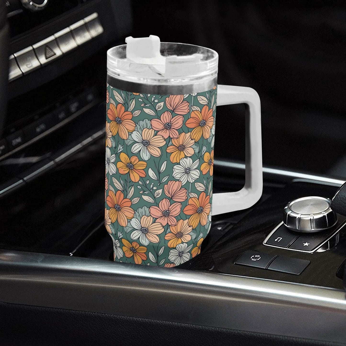 Pastel Flowers 40oz Stainless Steel Tumbler Gift With White Handle and Straw - DeRose Seasonal