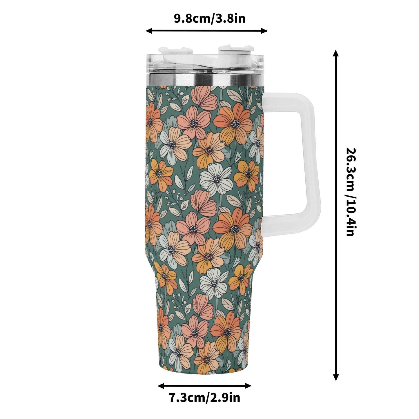 Pastel Flowers 40oz Stainless Steel Tumbler Gift With White Handle and Straw - DeRose Seasonal