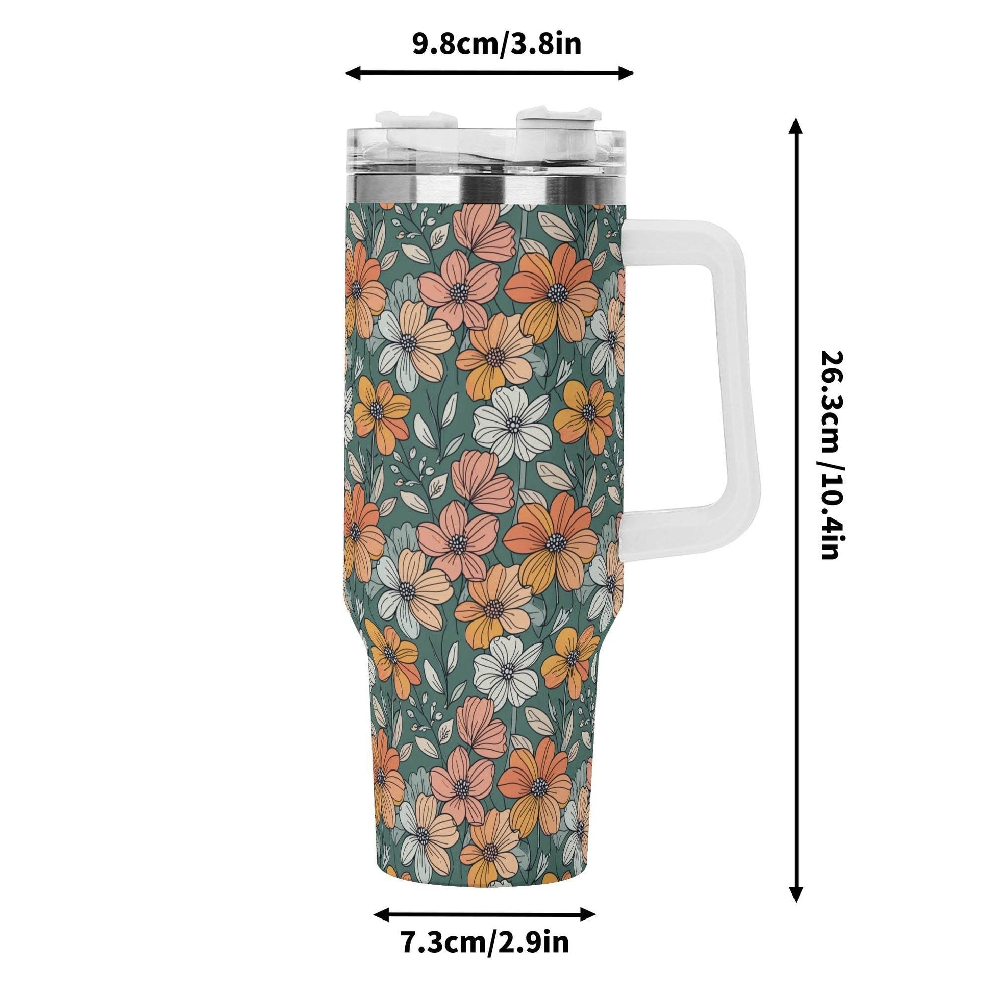 Pastel Flowers 40oz Stainless Steel Tumbler Gift With White Handle and Straw - DeRose Seasonal