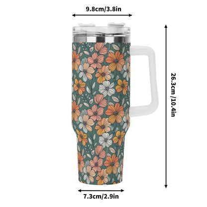 Pastel Flowers 40oz Stainless Steel Tumbler Gift With White Handle and Straw - DeRose Seasonal