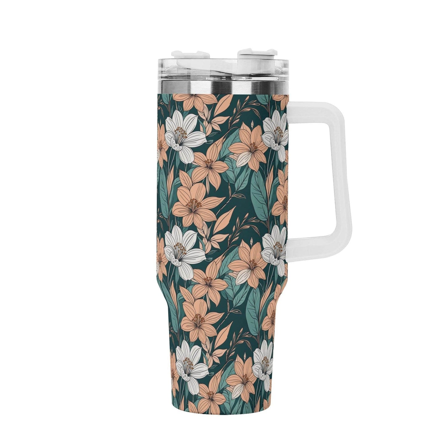 Pastel Floral 40oz Stainless Steel Tumbler Gift With White Handle and Straw - DeRose Seasonal