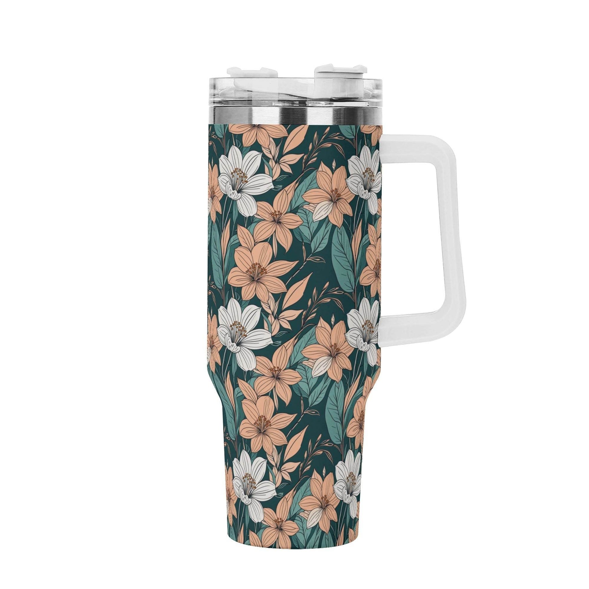 Pastel Floral 40oz Stainless Steel Tumbler Gift With White Handle and Straw - DeRose Seasonal