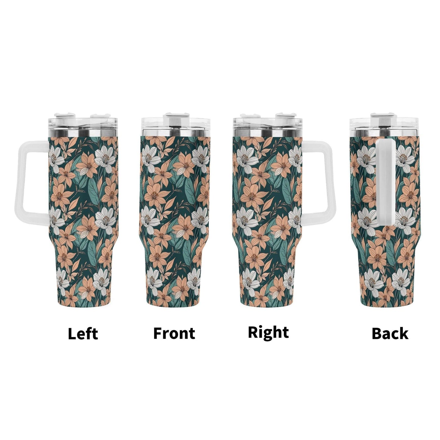 Pastel Floral 40oz Stainless Steel Tumbler Gift With White Handle and Straw - DeRose Seasonal