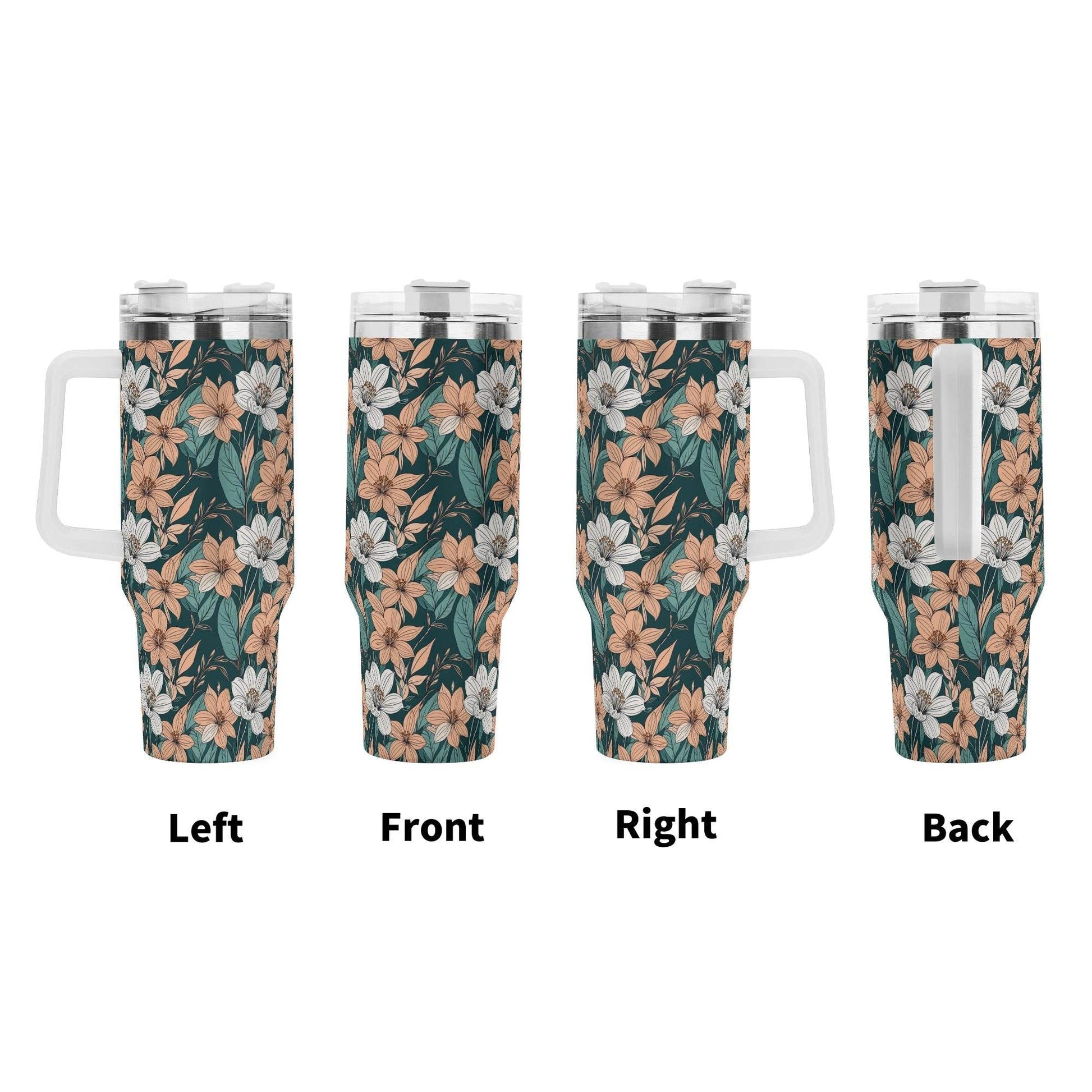 Pastel Floral 40oz Stainless Steel Tumbler Gift With White Handle and Straw - DeRose Seasonal