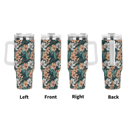 Pastel Floral 40oz Stainless Steel Tumbler Gift With White Handle and Straw - DeRose Seasonal