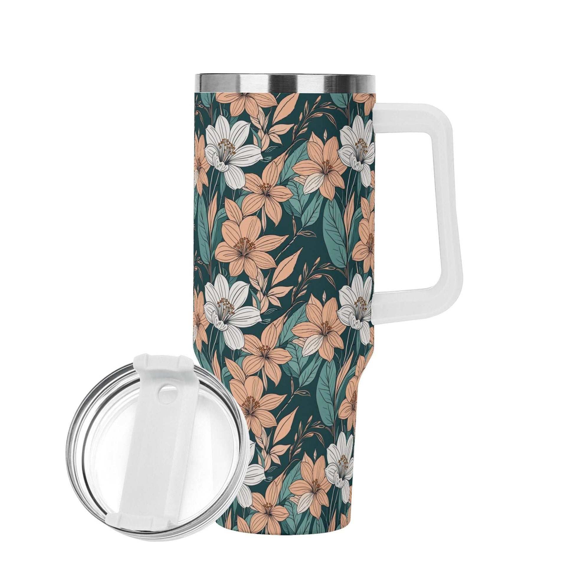 Pastel Floral 40oz Stainless Steel Tumbler Gift With White Handle and Straw - DeRose Seasonal