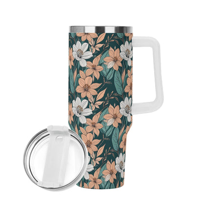 Pastel Floral 40oz Stainless Steel Tumbler Gift With White Handle and Straw - DeRose Seasonal