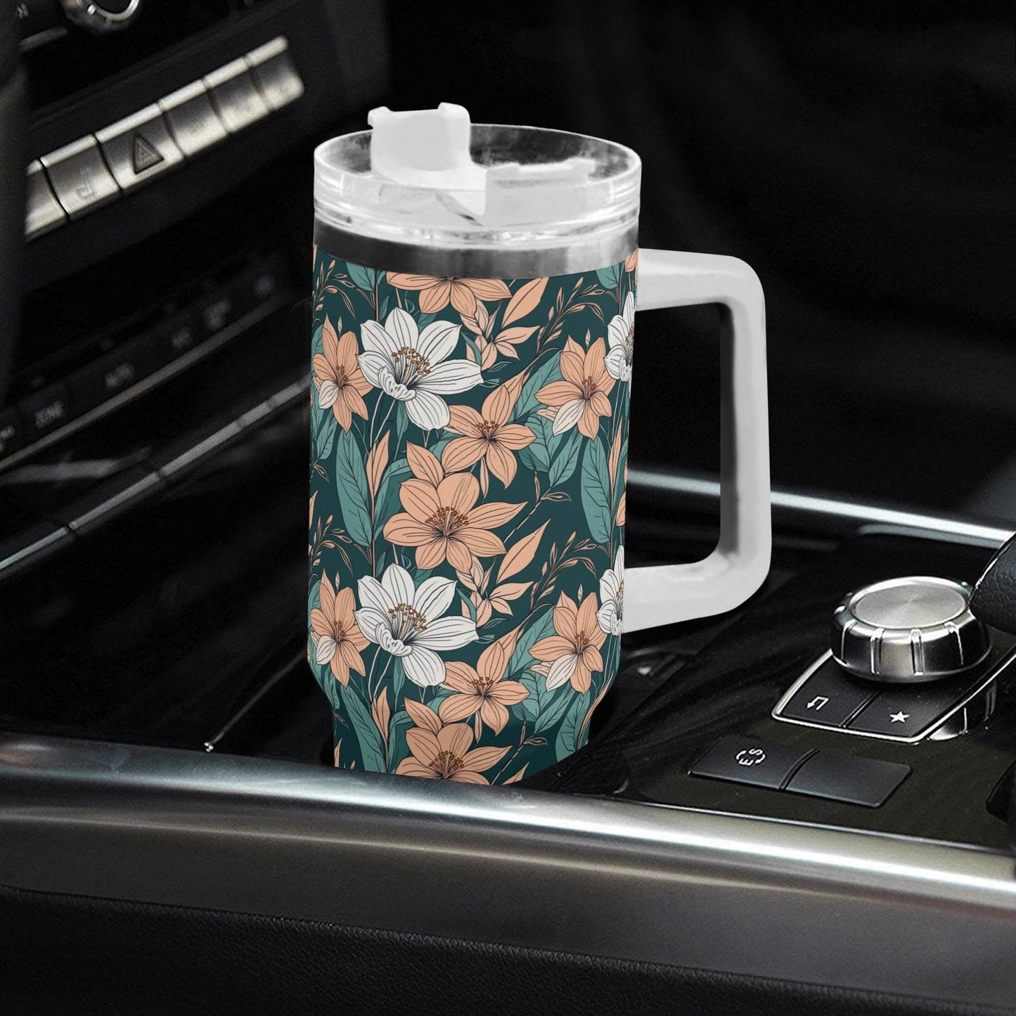 Pastel Floral 40oz Stainless Steel Tumbler Gift With White Handle and Straw - DeRose Seasonal