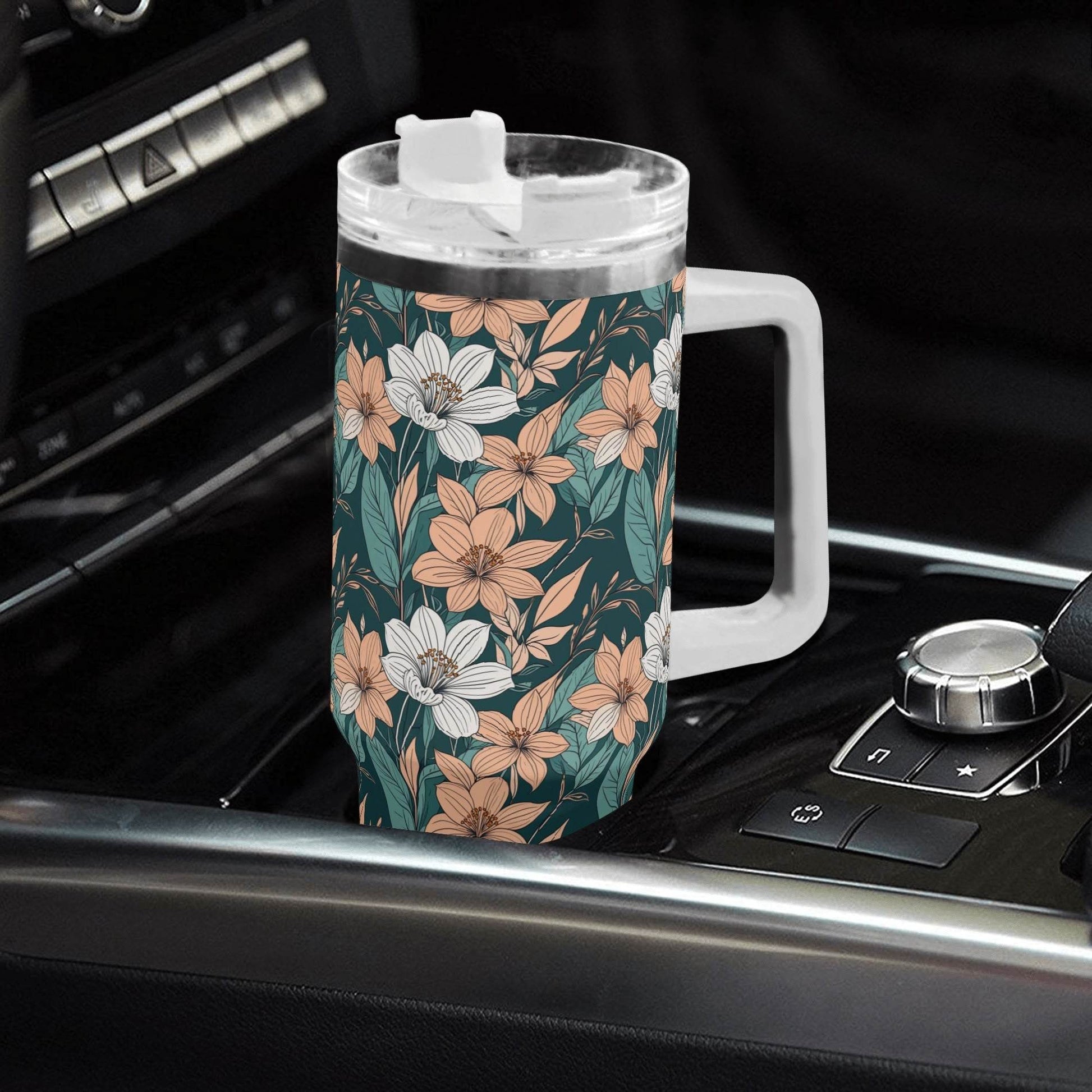 Pastel Floral 40oz Stainless Steel Tumbler Gift With White Handle and Straw - DeRose Seasonal