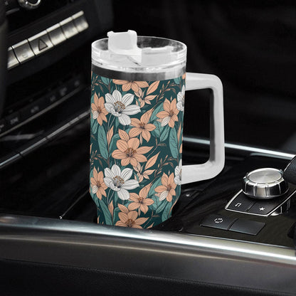 Pastel Floral 40oz Stainless Steel Tumbler Gift With White Handle and Straw - DeRose Seasonal
