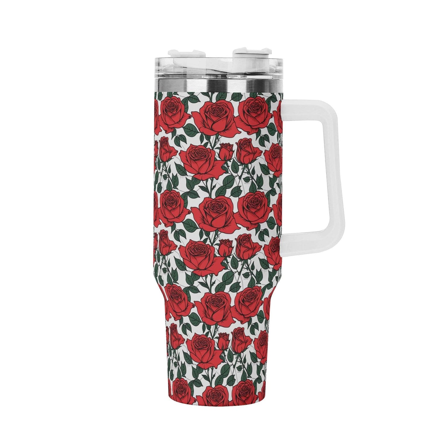 Red Leafy Roses 40oz Stainless Steel Tumbler Gift With White Handle and Straw - DeRose Seasonal