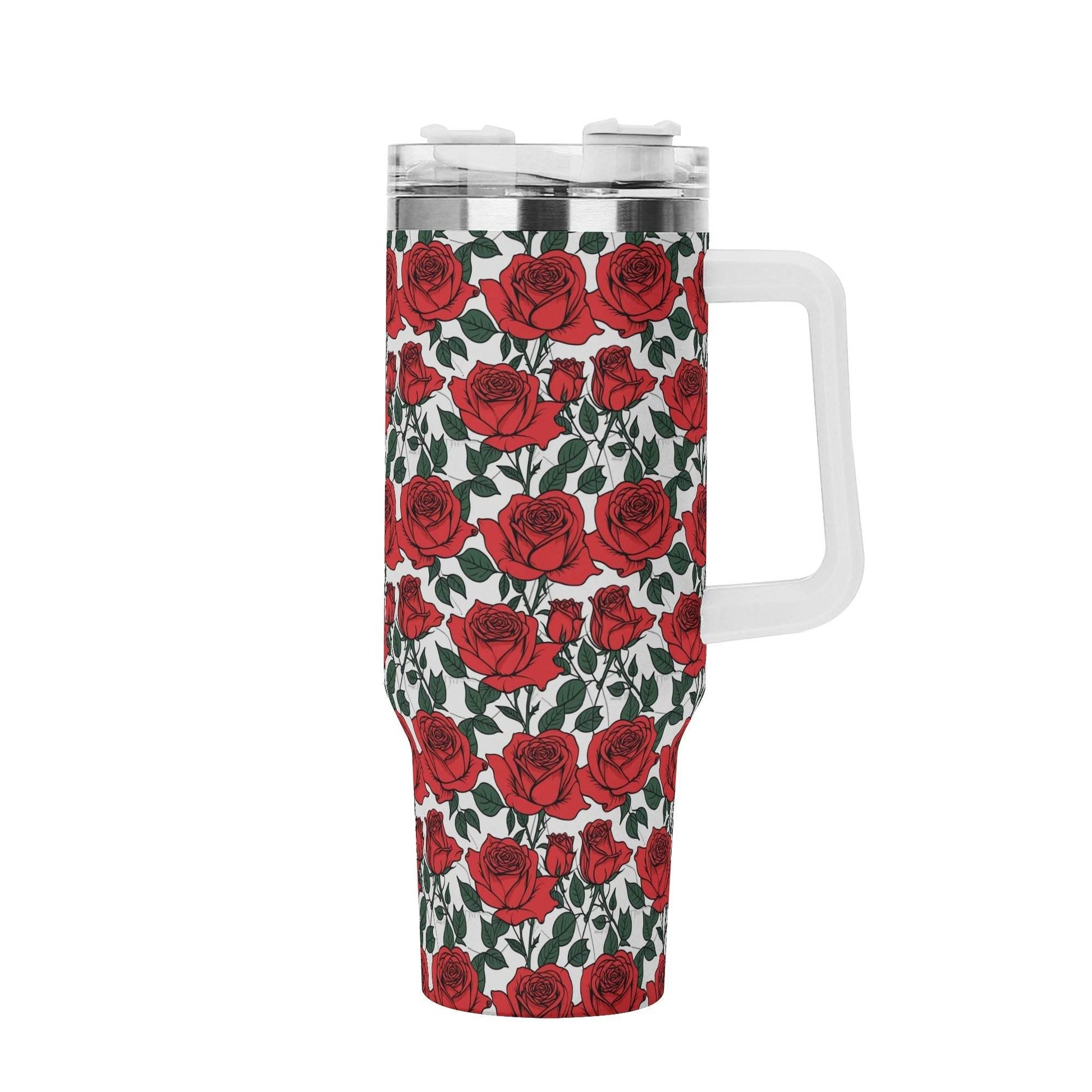 Red Leafy Roses 40oz Stainless Steel Tumbler Gift With White Handle and Straw - DeRose Seasonal