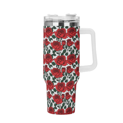 Red Leafy Roses 40oz Stainless Steel Tumbler Gift With White Handle and Straw - DeRose Seasonal