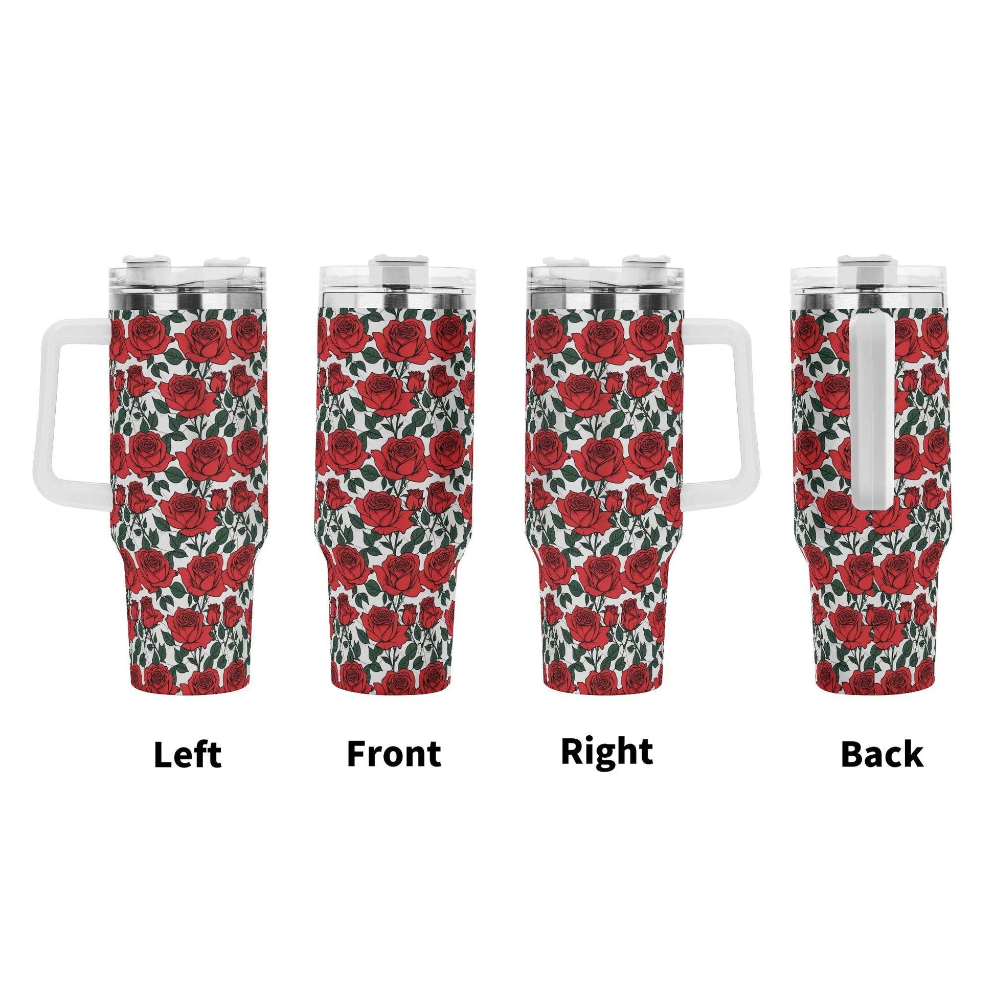 Red Leafy Roses 40oz Stainless Steel Tumbler Gift With White Handle and Straw - DeRose Seasonal