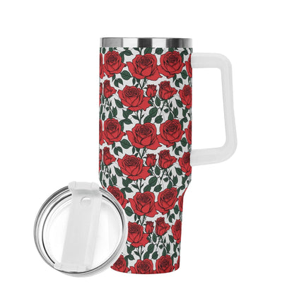 Red Leafy Roses 40oz Stainless Steel Tumbler Gift With White Handle and Straw - DeRose Seasonal