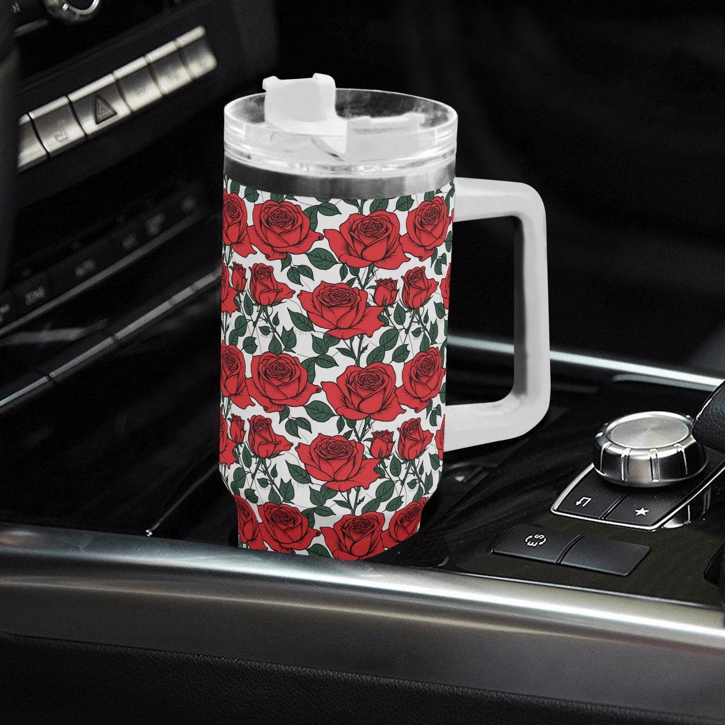 Red Leafy Roses 40oz Stainless Steel Tumbler Gift With White Handle and Straw - DeRose Seasonal