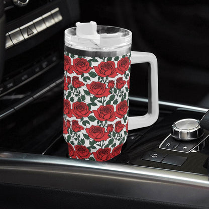 Red Leafy Roses 40oz Stainless Steel Tumbler Gift With White Handle and Straw - DeRose Seasonal