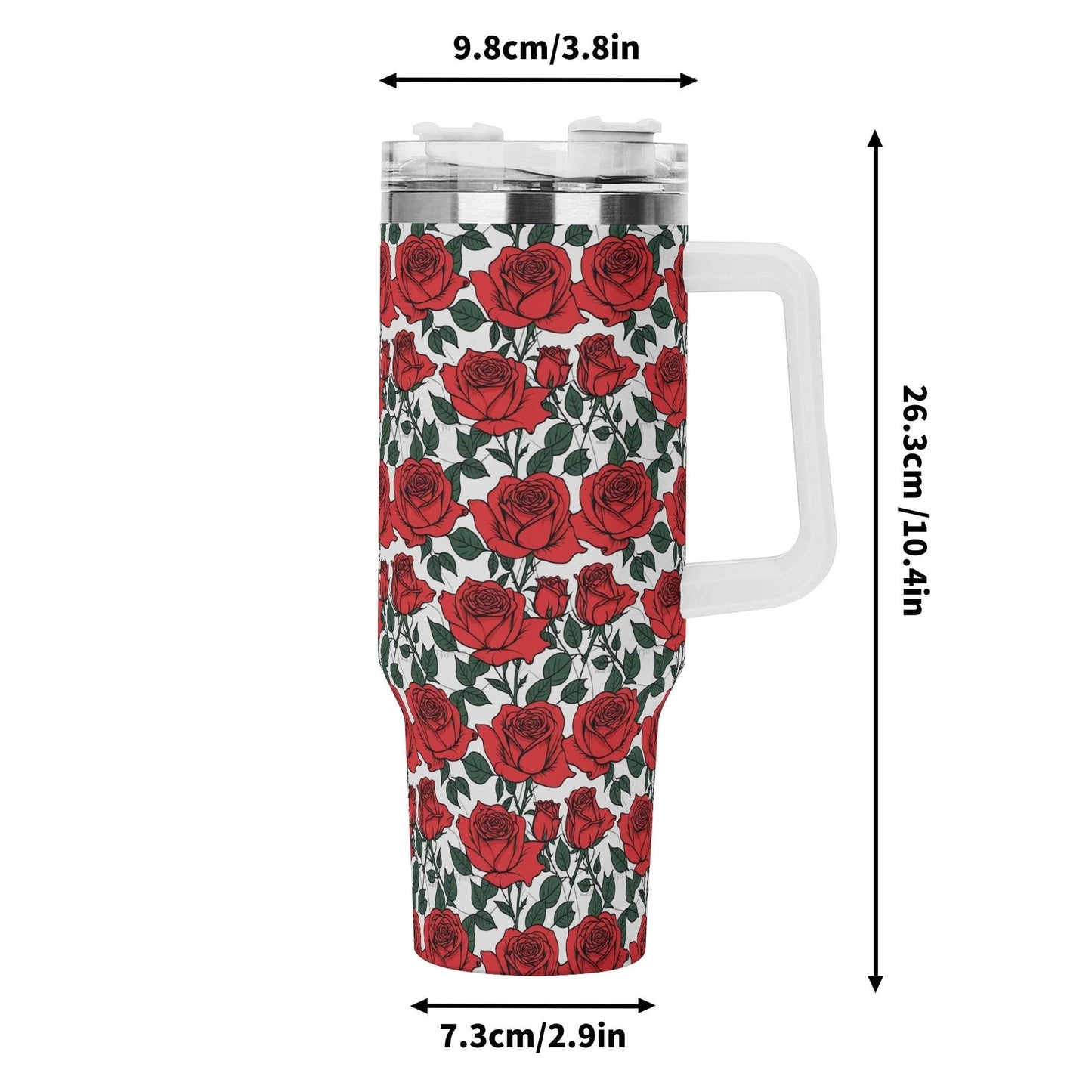 Red Leafy Roses 40oz Stainless Steel Tumbler Gift With White Handle and Straw - DeRose Seasonal