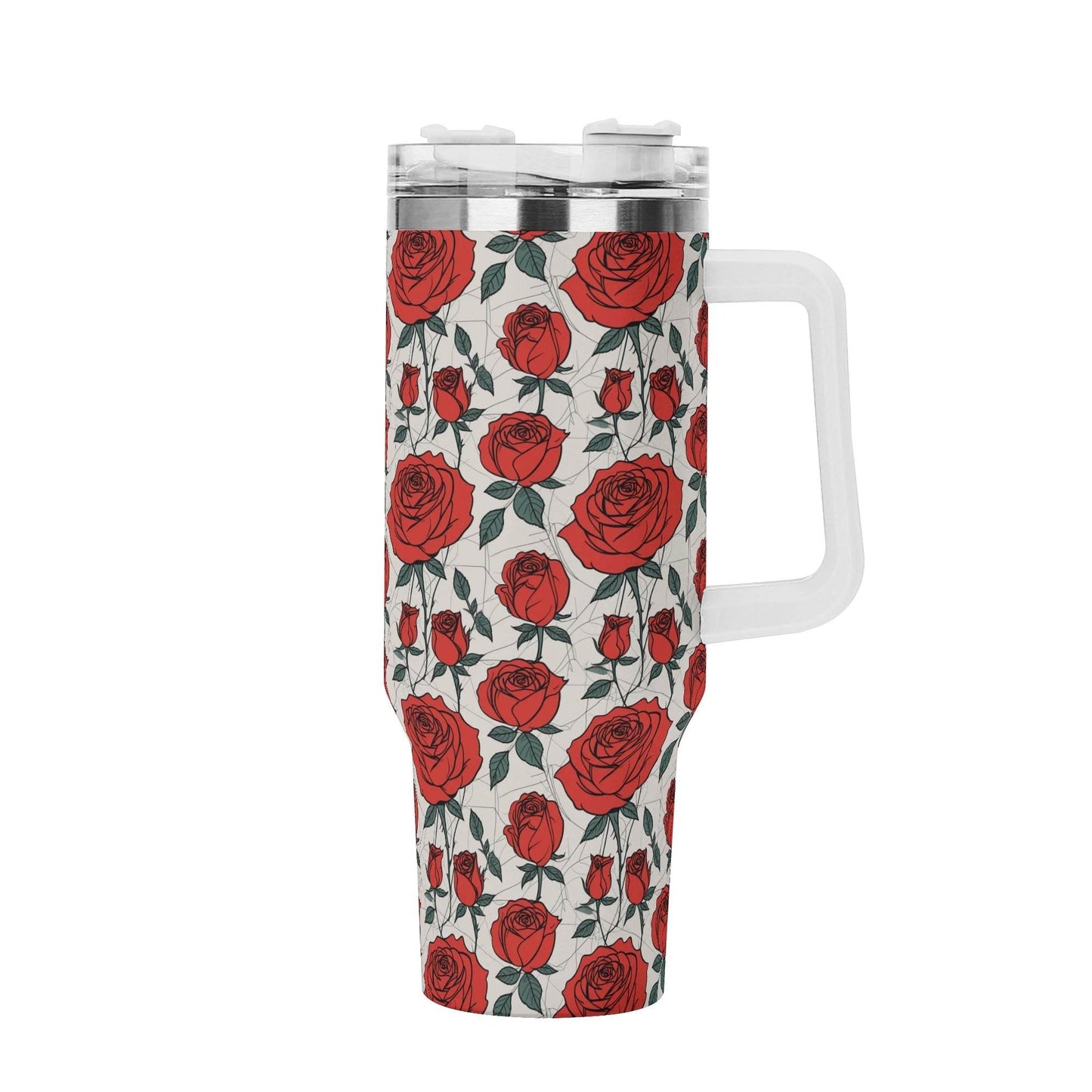 Red Roses 40oz Stainless Steel Tumbler Gift With White Handle and Straw - DeRose Seasonal