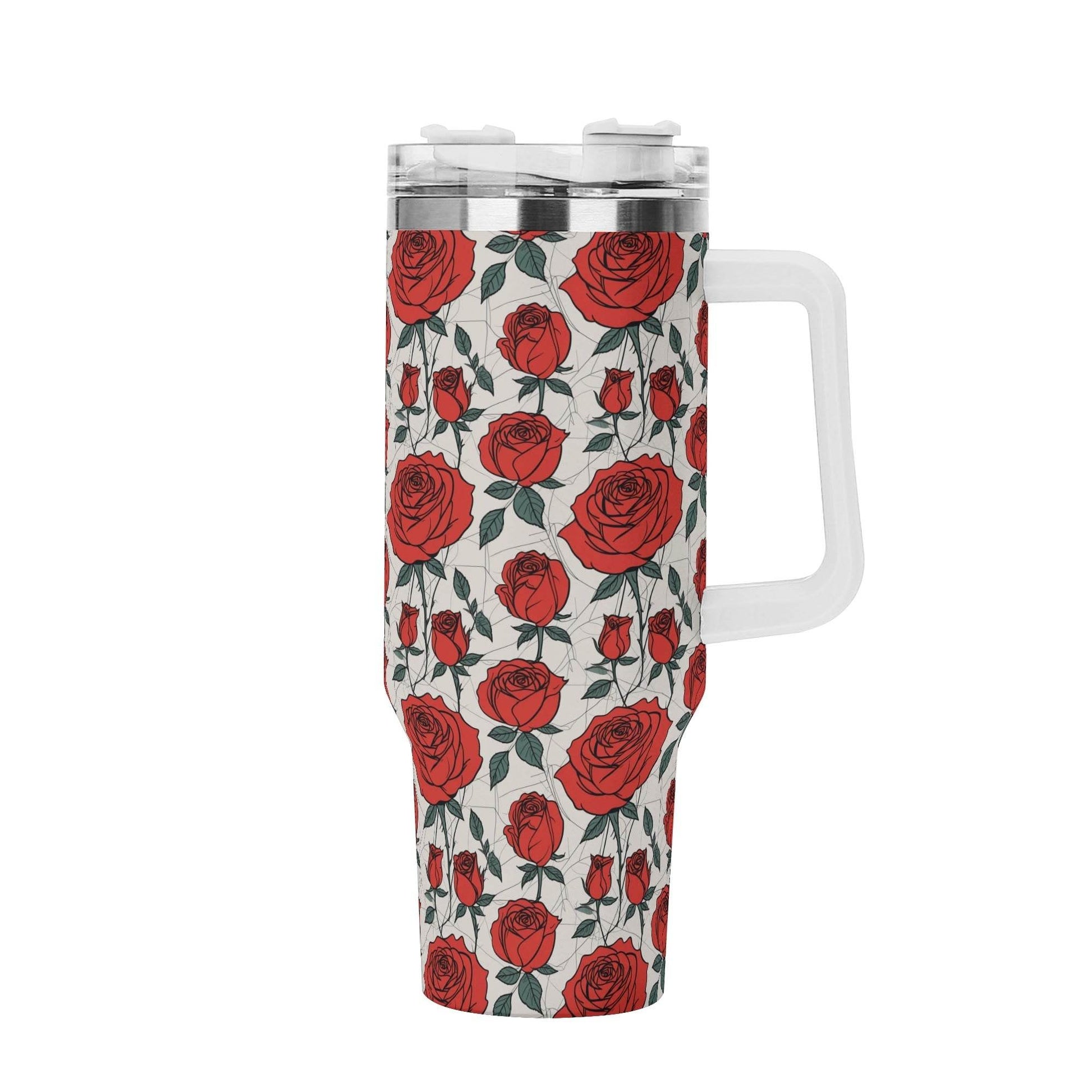 Red Roses 40oz Stainless Steel Tumbler Gift With White Handle and Straw - DeRose Seasonal
