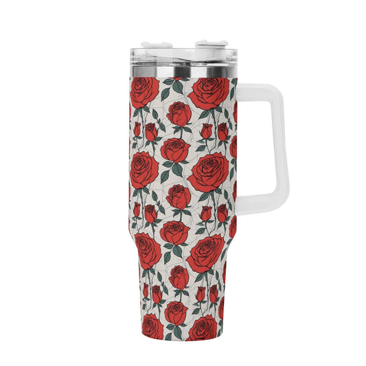 Red Roses 40oz Stainless Steel Tumbler Gift With White Handle and Straw - DeRose Seasonal