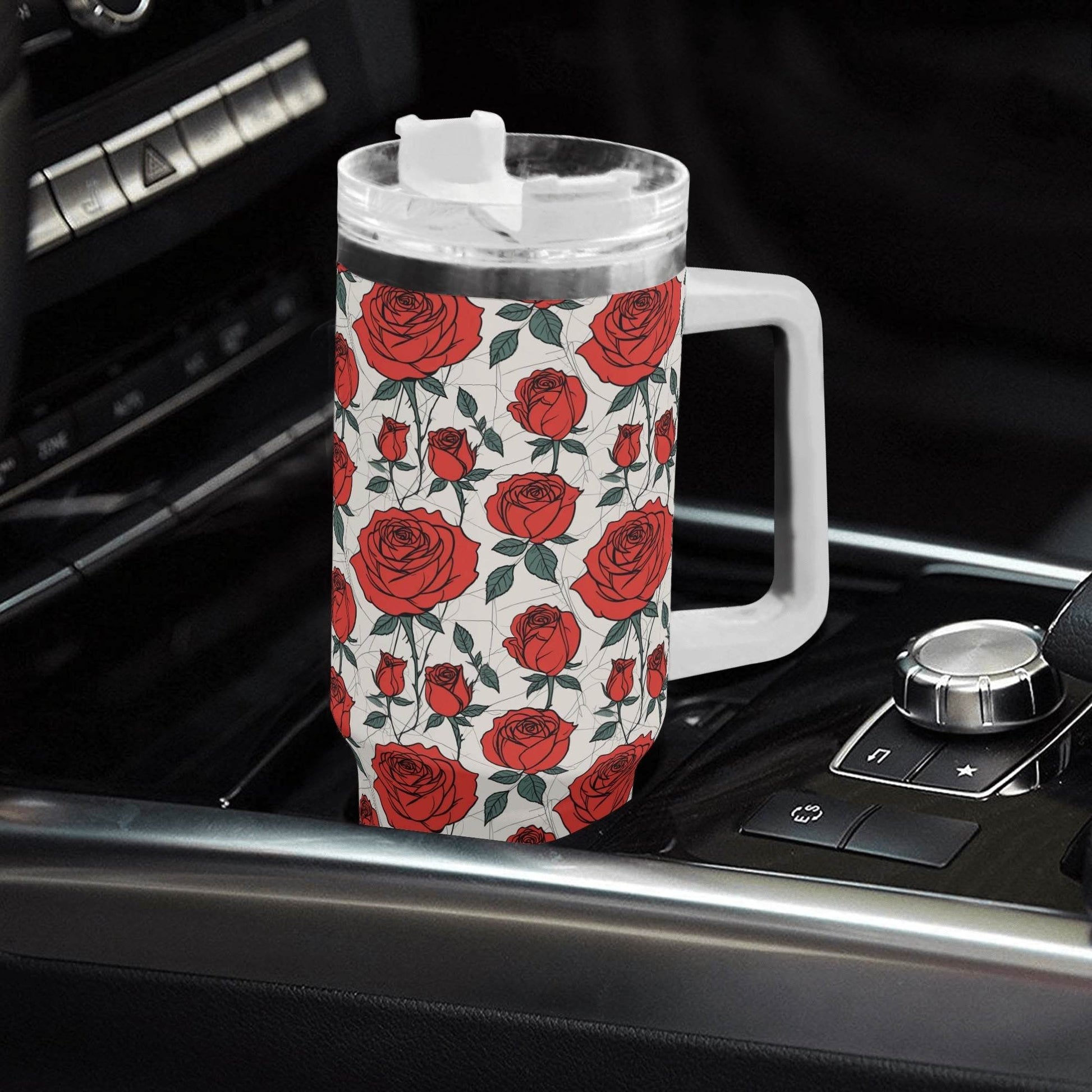 Red Roses 40oz Stainless Steel Tumbler Gift With White Handle and Straw - DeRose Seasonal
