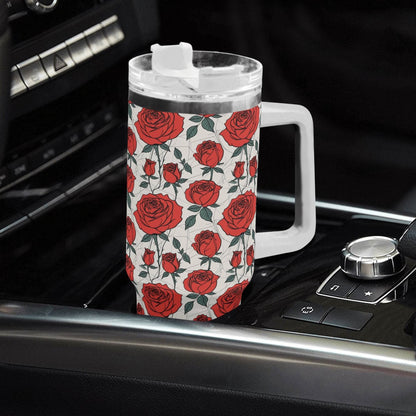 Red Roses 40oz Stainless Steel Tumbler Gift With White Handle and Straw - DeRose Seasonal