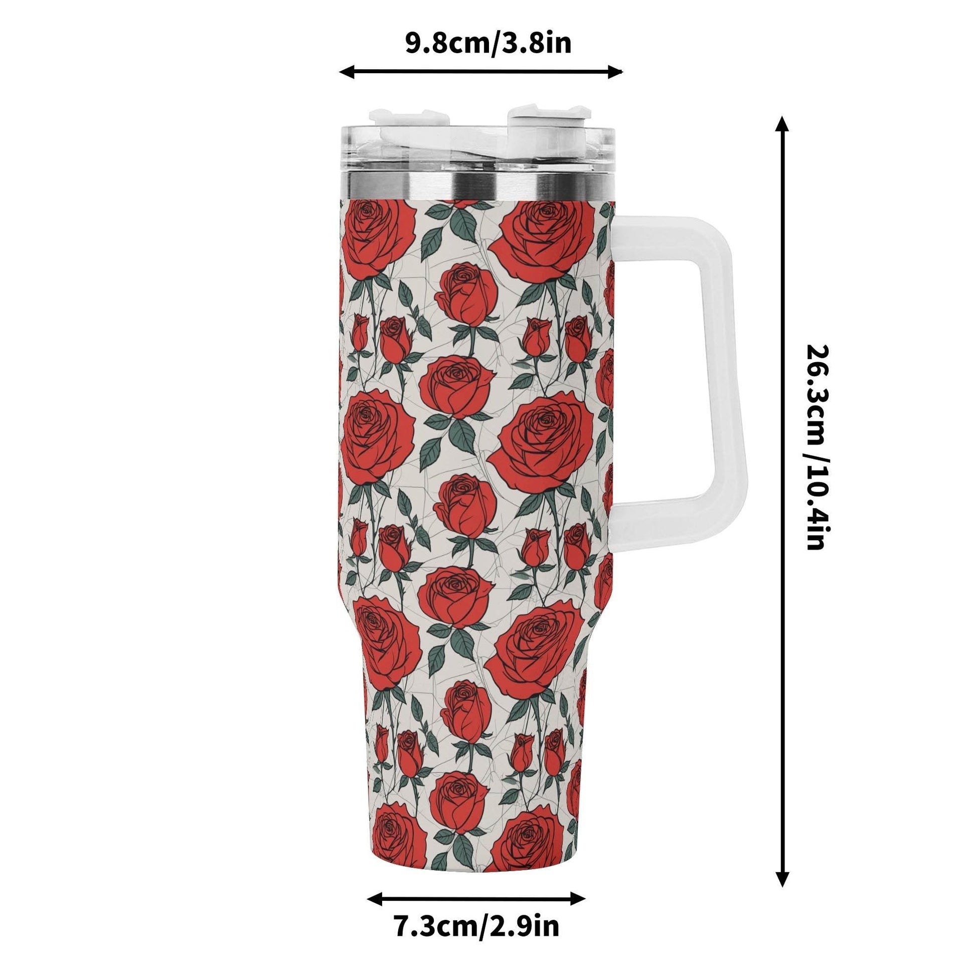 Red Roses 40oz Stainless Steel Tumbler Gift With White Handle and Straw - DeRose Seasonal