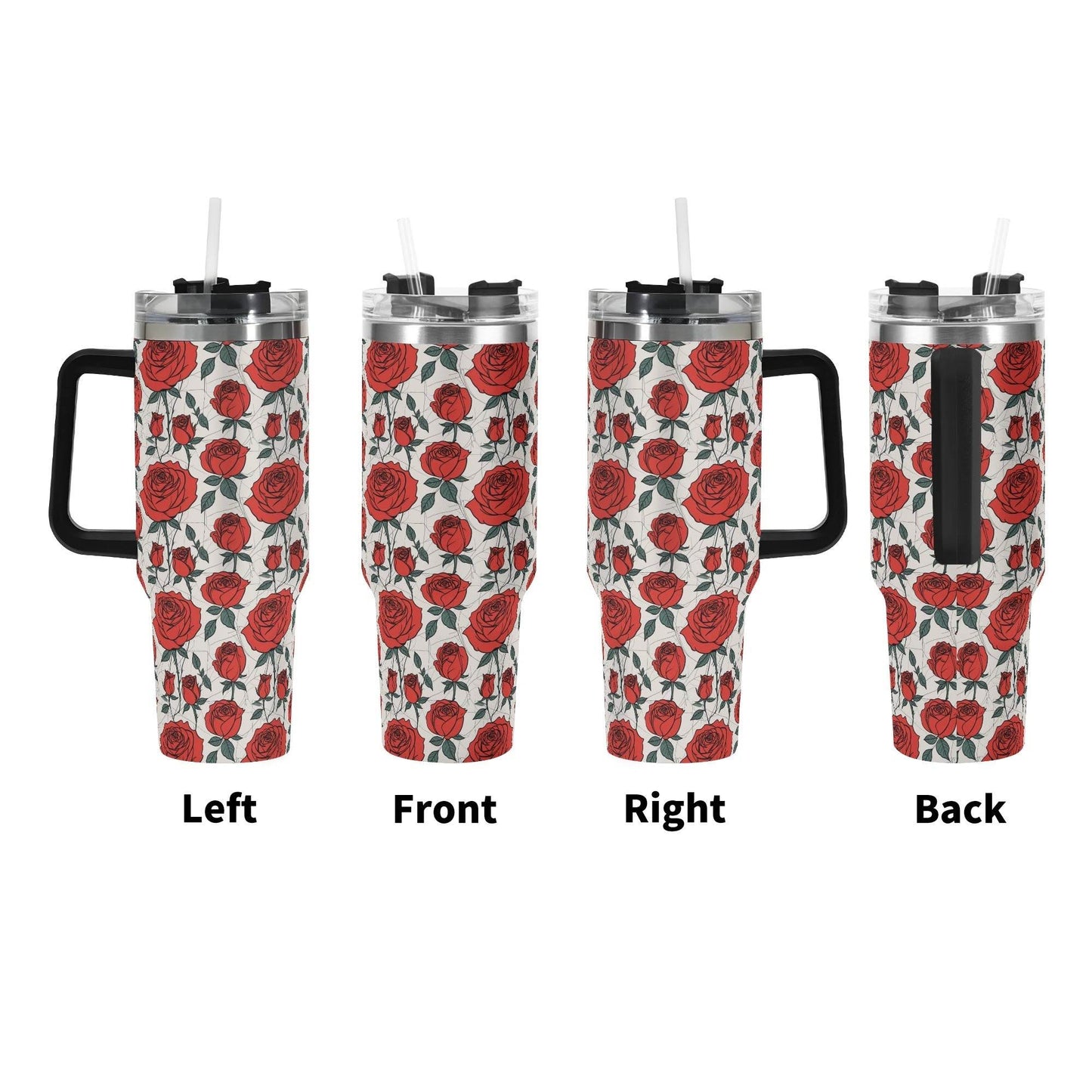 Red Roses 40oz Stainless Steel Tumbler Gift With Black Handle and Straw - DeRose Seasonal