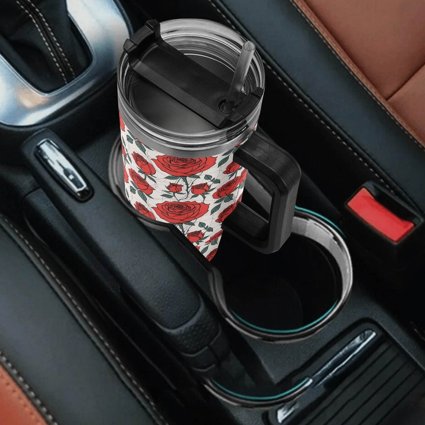 Red Roses 40oz Stainless Steel Tumbler Gift With Black Handle and Straw - DeRose Seasonal