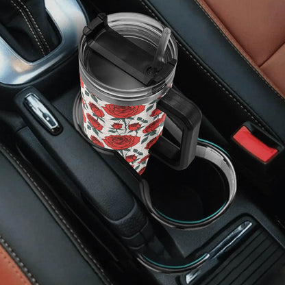 Red Roses 40oz Stainless Steel Tumbler Gift With Black Handle and Straw - DeRose Seasonal