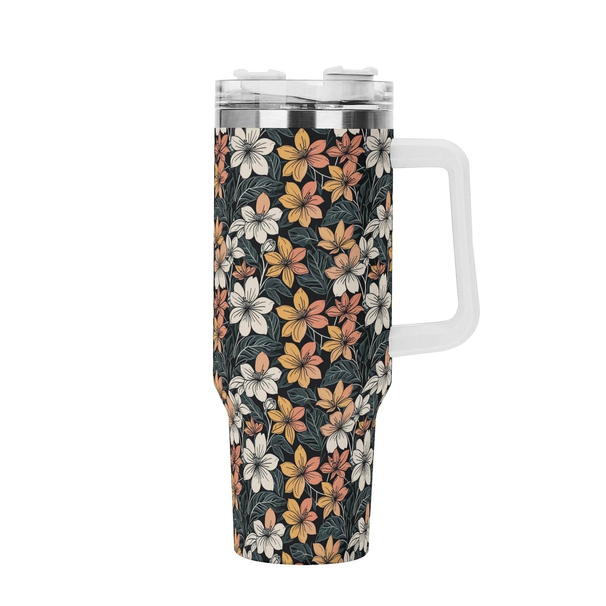 Field of Flowers 40oz Stainless Steel Tumbler Gift With White Handle and Straw - DeRose Seasonal