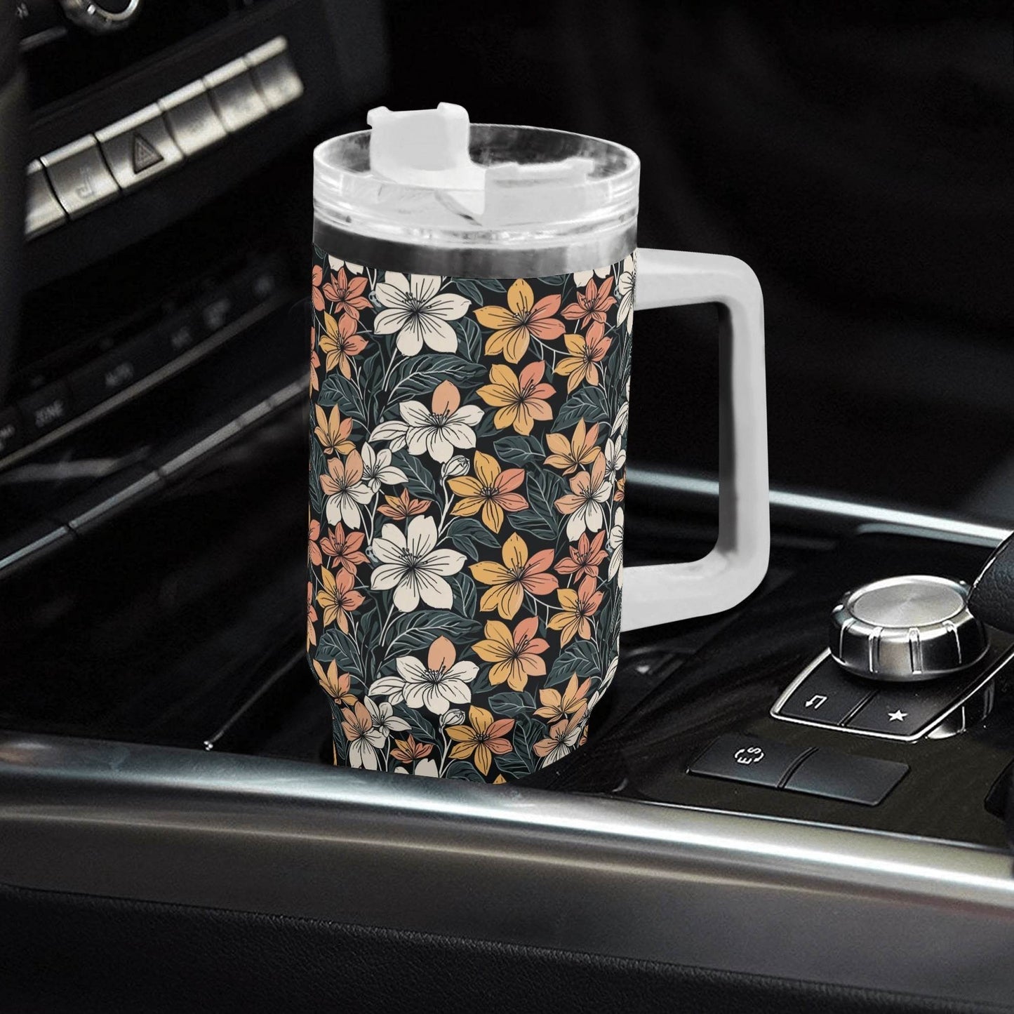 Field of Flowers 40oz Stainless Steel Tumbler Gift With White Handle and Straw - DeRose Seasonal