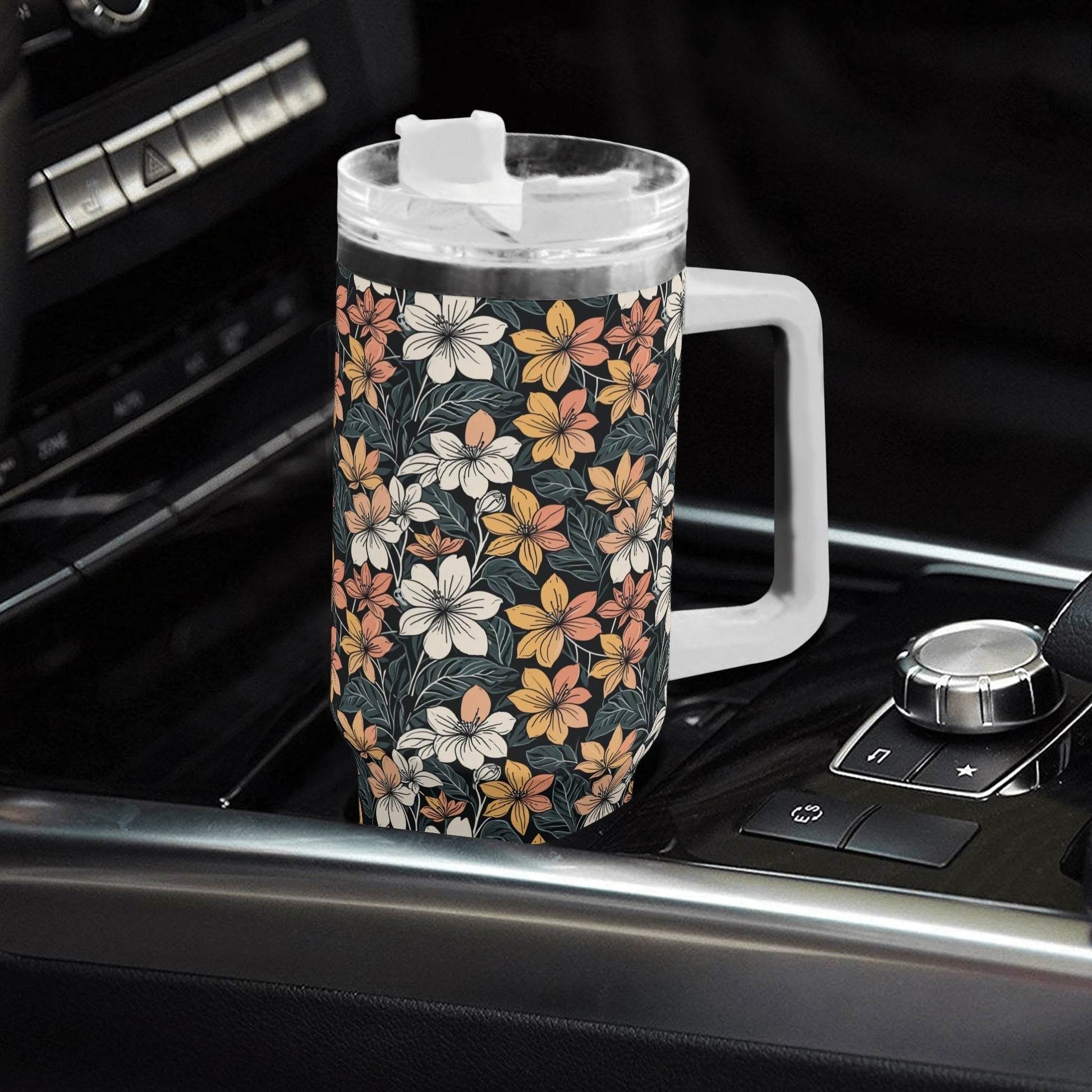Field of Flowers 40oz Stainless Steel Tumbler Gift With White Handle and Straw - DeRose Seasonal