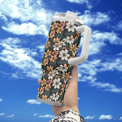Field of Flowers 40oz Stainless Steel Tumbler Gift With White Handle and Straw - DeRose Seasonal