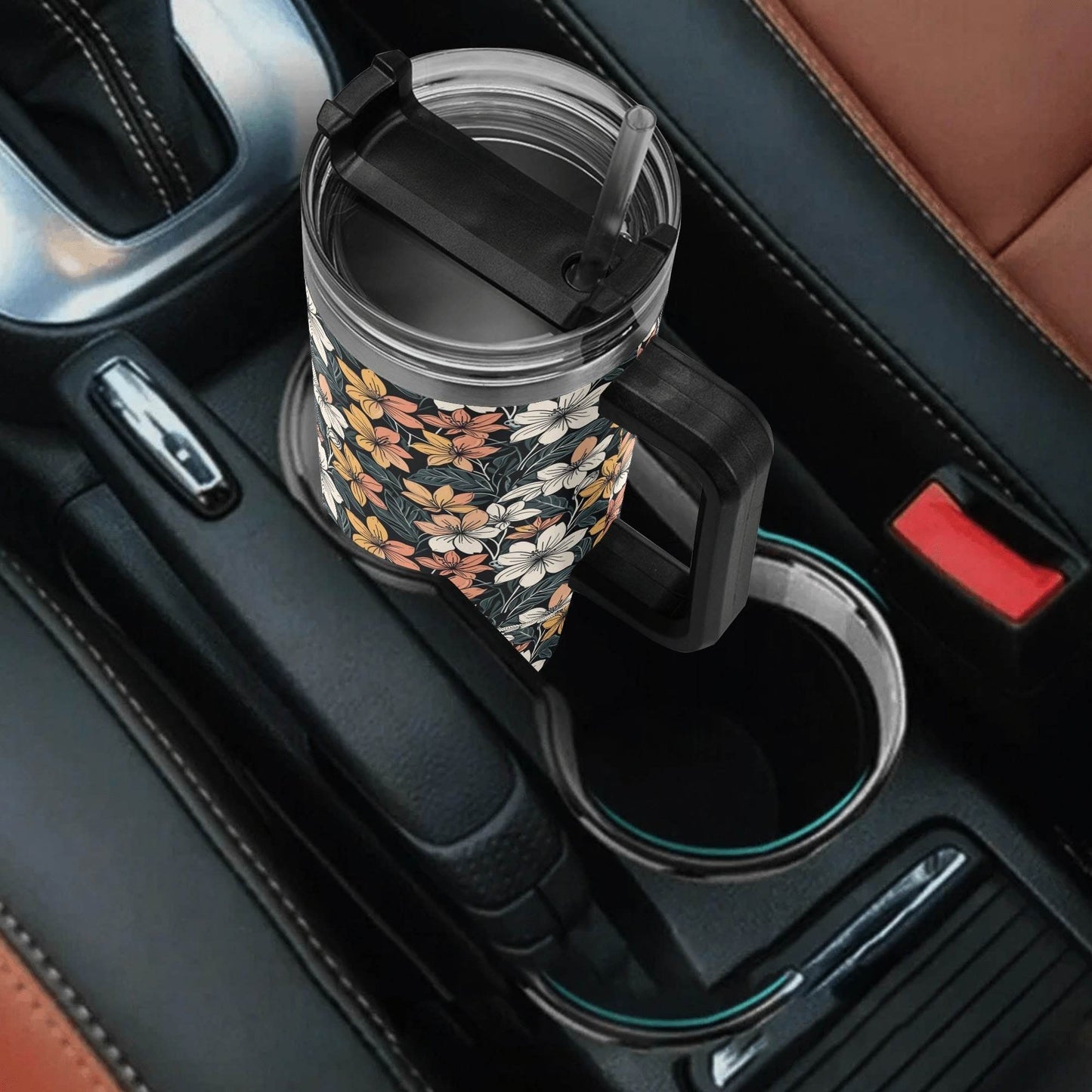 Field of Flowers 40oz Stainless Steel Tumbler Gift With Black Handle and Straw - DeRose Seasonal