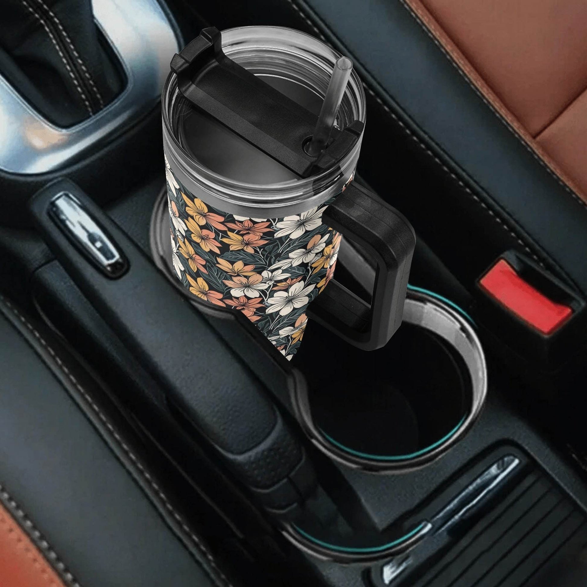 Field of Flowers 40oz Stainless Steel Tumbler Gift With Black Handle and Straw - DeRose Seasonal