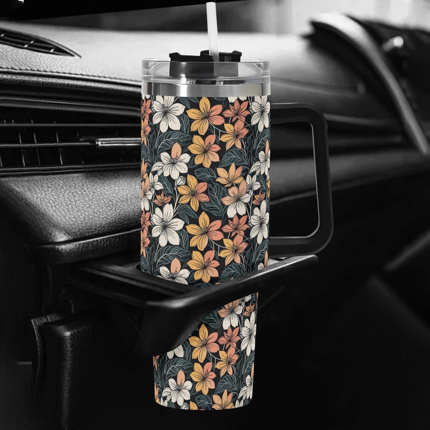 Field of Flowers 40oz Stainless Steel Tumbler Gift With Black Handle and Straw - DeRose Seasonal