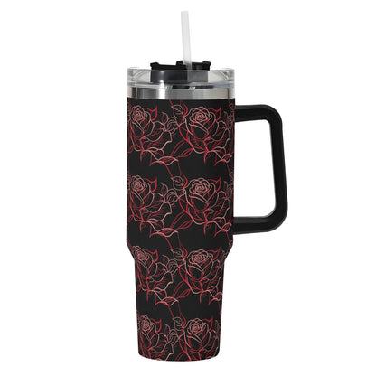 Red Light Rose 40oz Stainless Steel Tumbler Gift With Black Handle and Straw - DeRose Seasonal