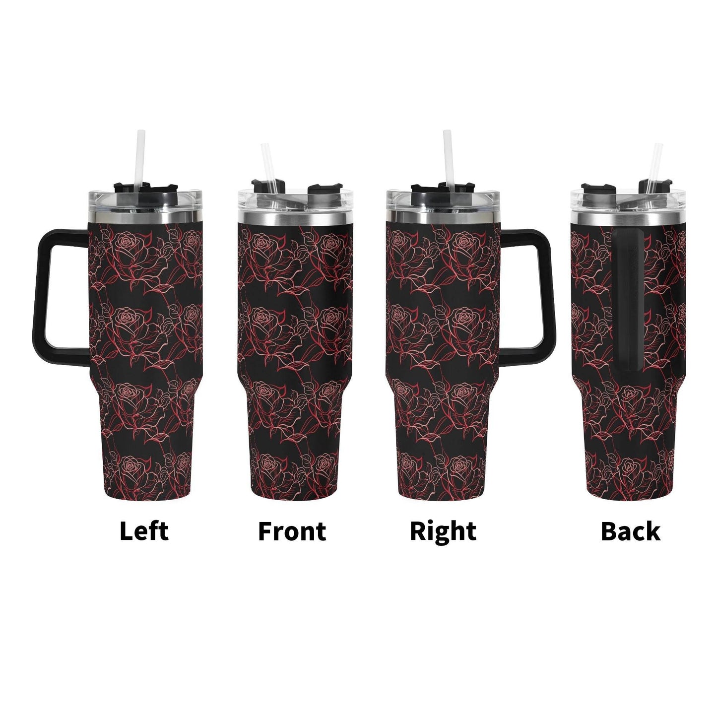 Red Light Rose 40oz Stainless Steel Tumbler Gift With Black Handle and Straw - DeRose Seasonal