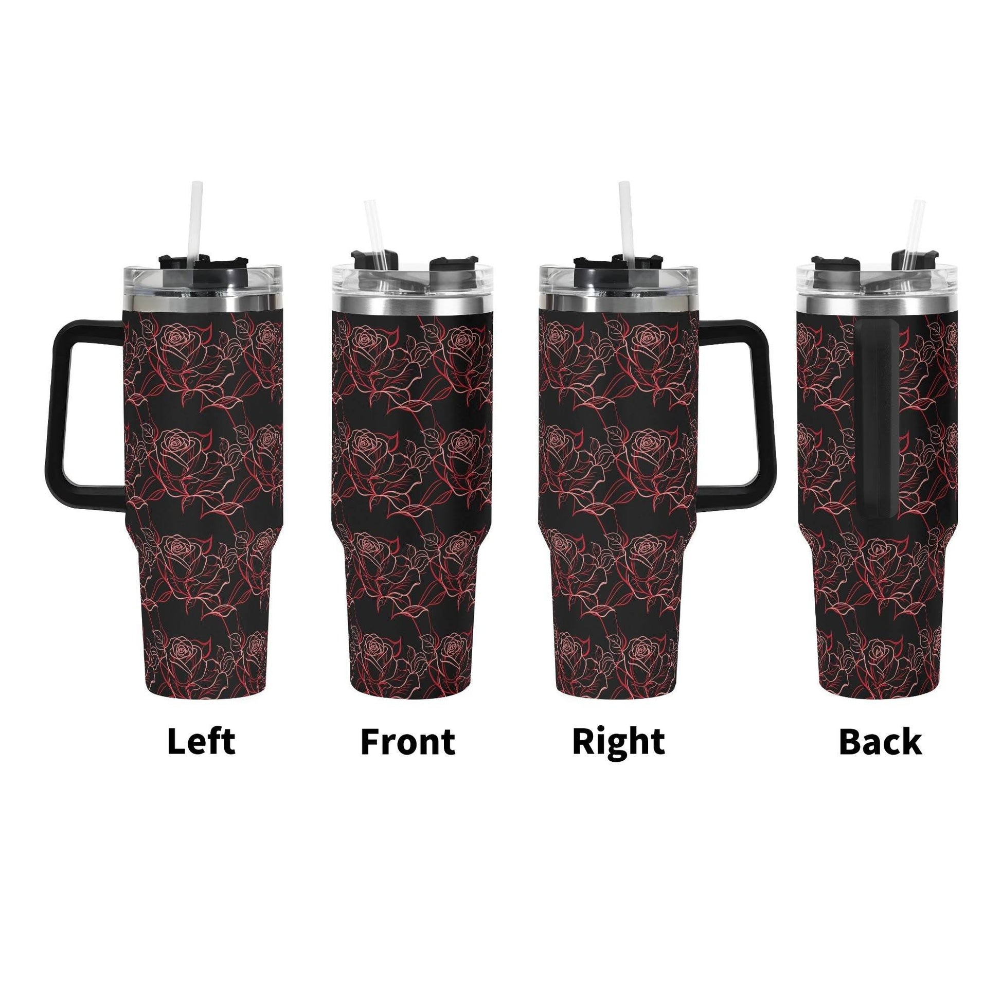 Red Light Rose 40oz Stainless Steel Tumbler Gift With Black Handle and Straw - DeRose Seasonal